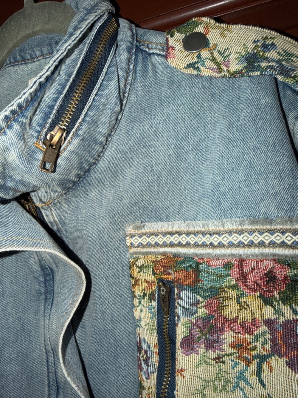 POL Light Blue Denim Jacket with Floral Tapestry Panels - Picture 4 of 5
